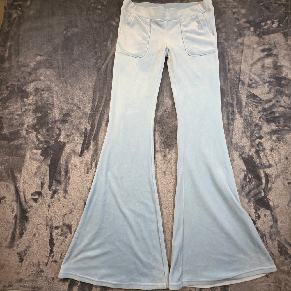 New Pink Velour Flare Pants Light Blue Y2K Wide Leg Lounge M-missing drawstring